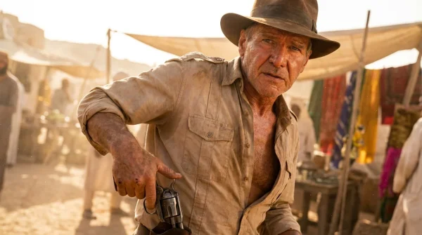 Harrison Ford unscripted blaster draw saved exhausted Raiders set from sweltering delay