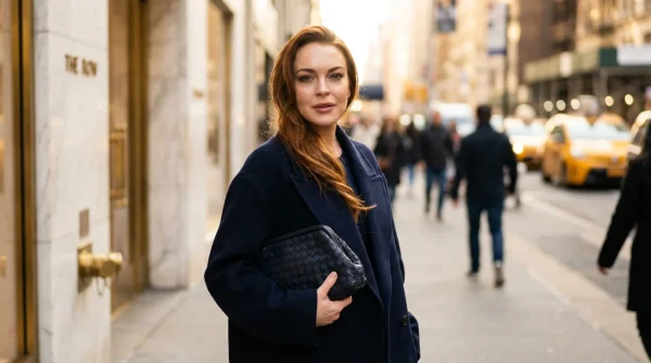 Lindsay Lohan debuts structured The Row wool outerwear paired with vintage Bottega clutches