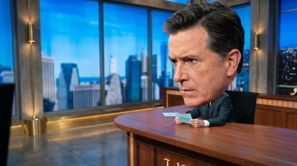 Stephen Colbert live teleprompter freeze stalls broadcast prompting tense showrunner staredown